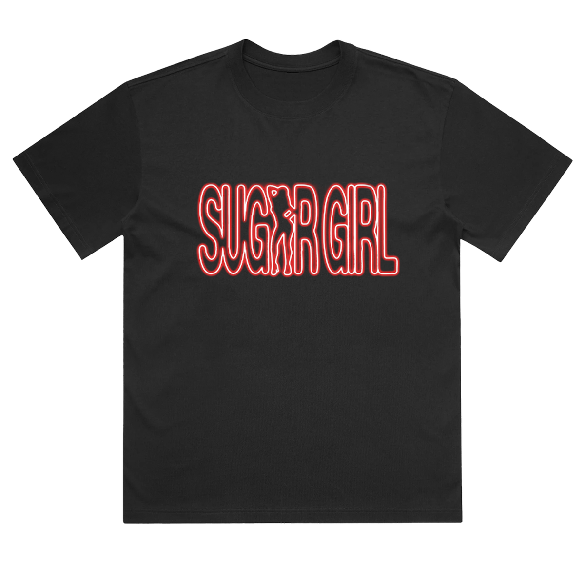 Black t-shirt with 'SUGAR GIRL' text in red 