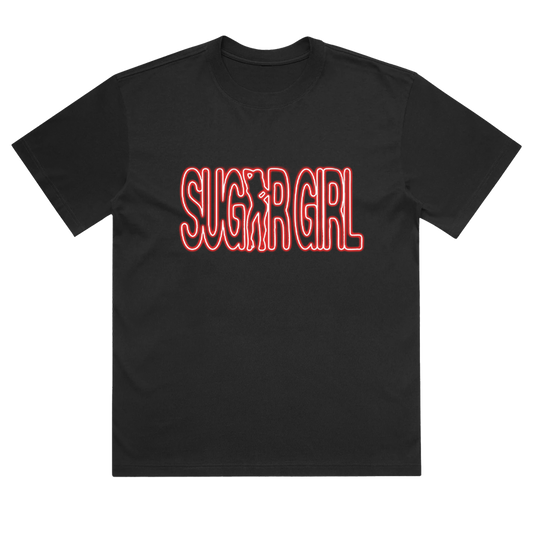 Black t-shirt with 'SUGAR GIRL' text in red 